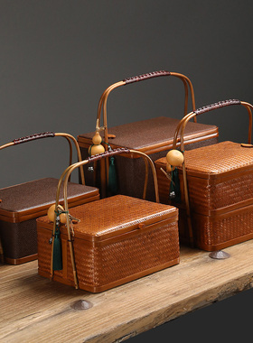 手工竹编提篮手提复古篮子竹双层食盒月饼礼盒便携茶道茶具收纳盒