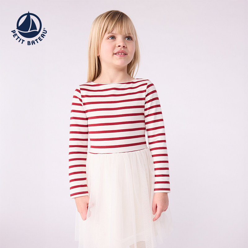 【2025秋冬】Petitbateau小帆船童装女童条纹拼接连衣裙A0E73