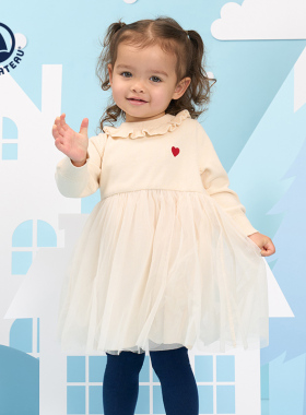 Petitbateau小帆船 秋季幼儿女宝针织花边领公主长袖纱裙A0DQ8