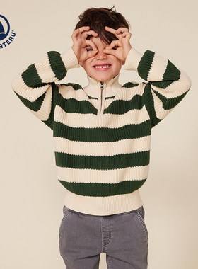 Petitbateau小帆船 秋季中大童装半拉链条纹针织毛衣A0AW3