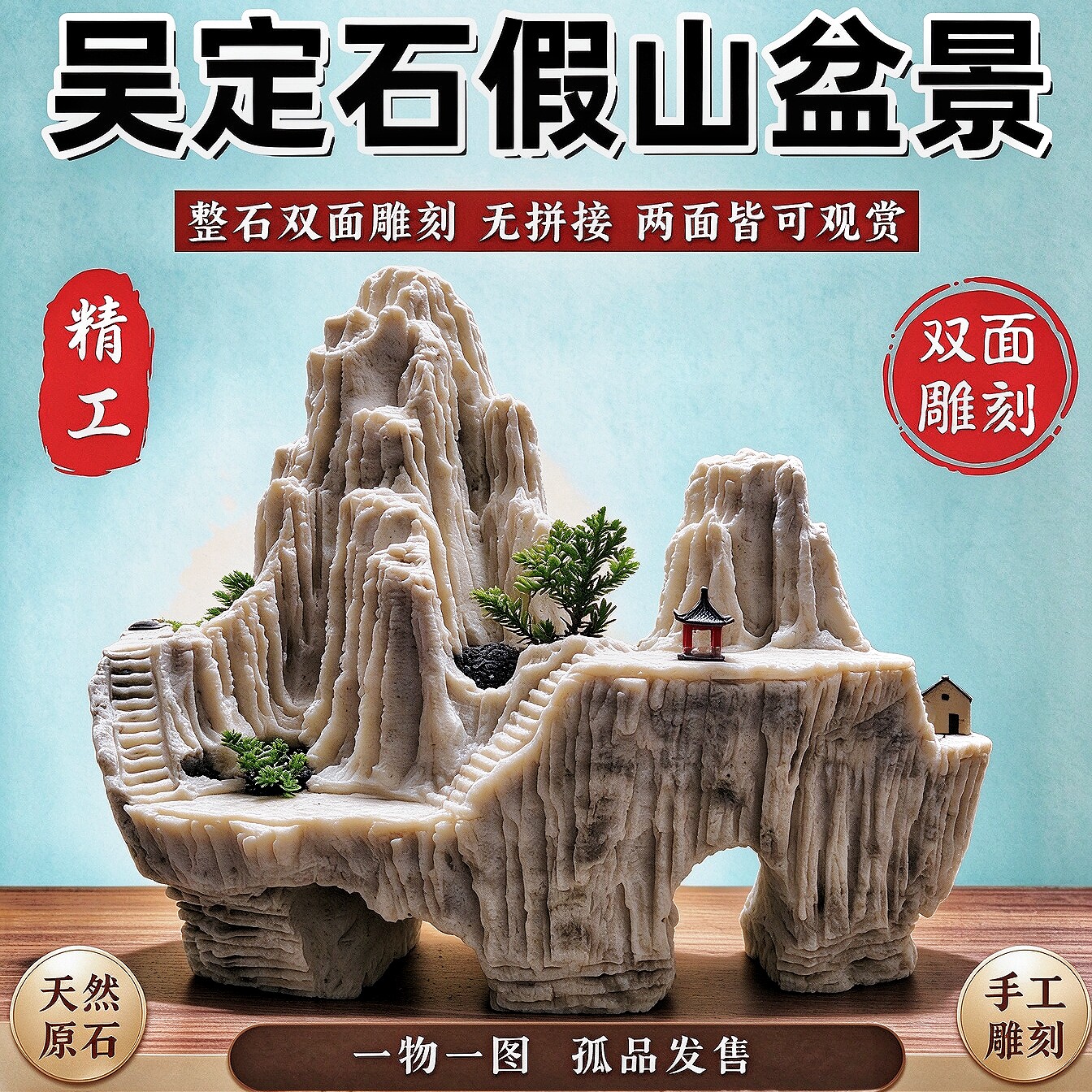 吴定石假山双面雕刻天然原石盆景山水造景室内观赏石头摆件