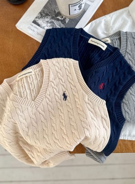 儿童马甲2024春款男童潮牌刺绣V领毛衣麻花马夹女童宝宝针织背心