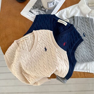 儿童马甲2026春款男童潮牌刺绣V领毛衣麻花马夹女童宝宝针织背心