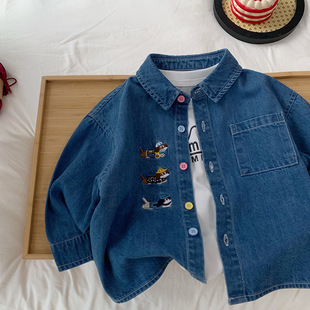 【软牛仔】男童衬衫春季儿童衬衣外套春装新款中童长袖刺绣上衣潮