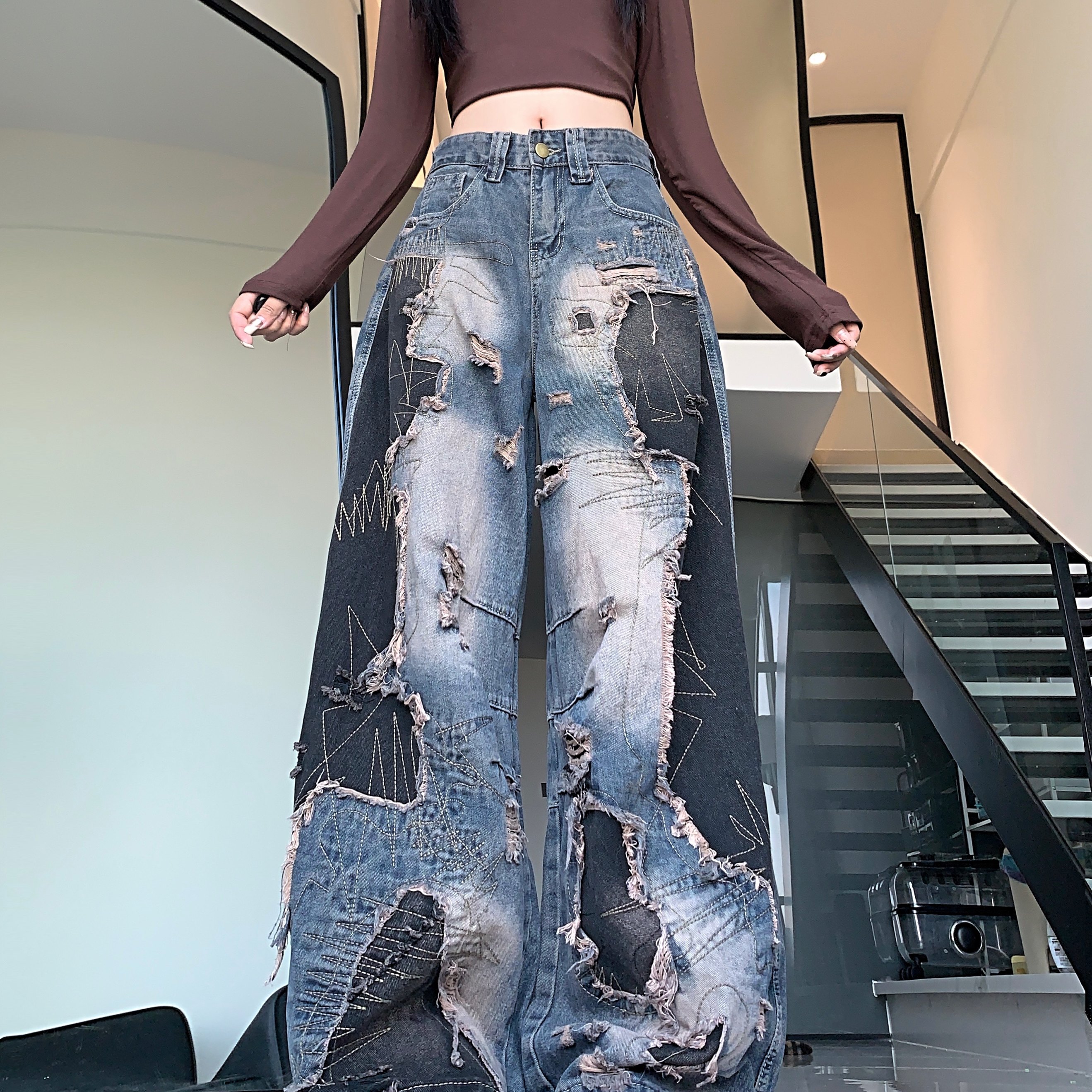 美式复古水洗重工破洞撞色拼接弯刀牛仔裤女2025夏废土街头拖地裤