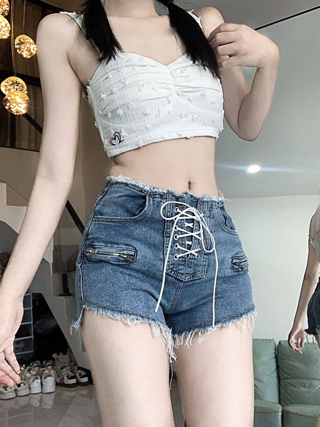 欧美系带拉链性感牛仔短裤女高腰修身不规则修身水洗绑带毛边短裤