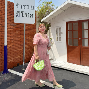 显瘦春夏新胖mm方领格纹短袖 女装 连衣裙 350斤大码 精灵家微胖130