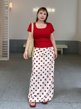 精灵家微胖2026夏季新款大码女装复古港风波点裙褶皱开叉半身裙子