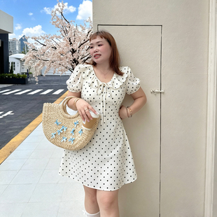 精灵家微胖2026夏季大码女装新款法式荷叶边波点收腰显瘦连衣裙子