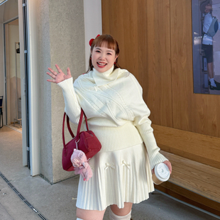 不对称翻领毛衣压褶半身裙两件套裙 蝙蝠袖 精灵家微胖2025大码 女装