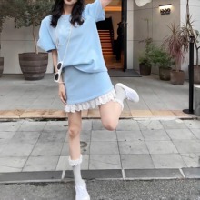 大码女夏季新款显瘦宽松休闲短袖短裙套装胖妹妹百搭半身裙两件套
