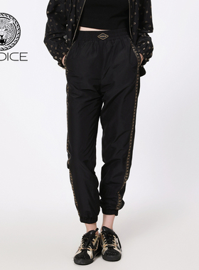 kodice春秋新款黑色松紧腰休闲裤子束脚裤烫钻logo时尚百搭女装