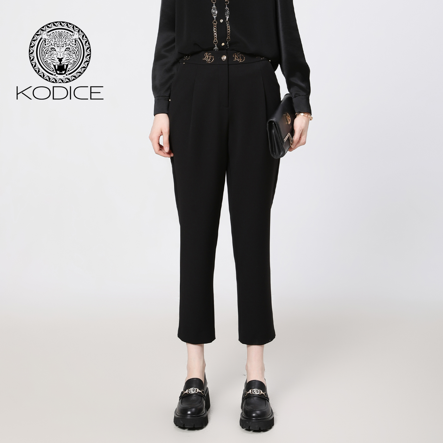 kodice黑色烫钻弹力直筒西裤