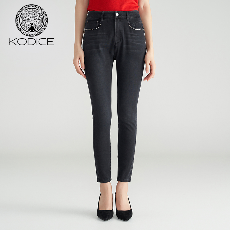 KD女拉链一粒扣棉质紧身牛仔裤