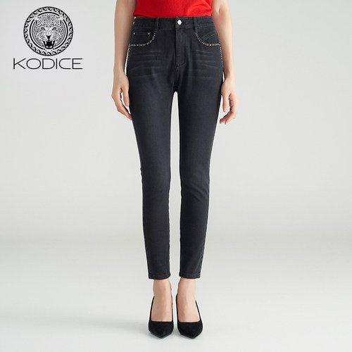 KD女拉链一粒扣棉质紧身牛仔裤