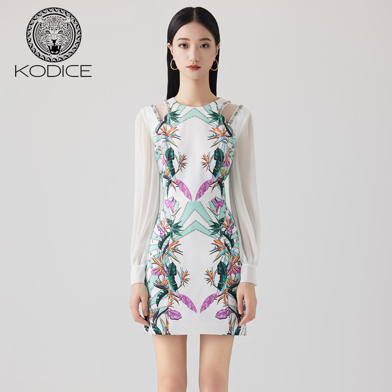 KODICE印花连衣裙子春夏新品圆领长袖气质修身复古法式度假风女装