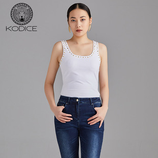 打底衫 KODICE春季 贴身内搭金色缝珠修身 白色棉质背心方领无袖 新款