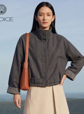 kodice2026春新款短款立领毛呢外套女灰色格纹拼接百搭呢子大衣