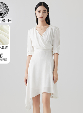 KODICE白色简约连衣裙V领收腰气质高级感仙女装夏季新款裙子时尚