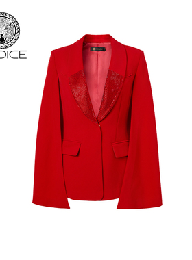 kodice春秋新款红色青果领烫钻西装西服外套通勤时尚流行百搭女装