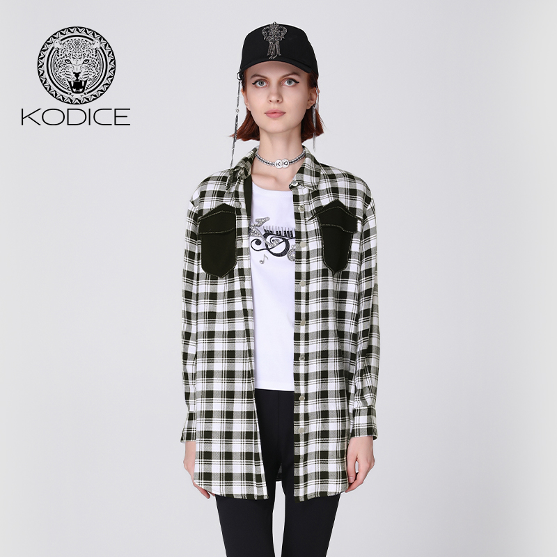 kodice黑色格纹拼接长袖衬衫