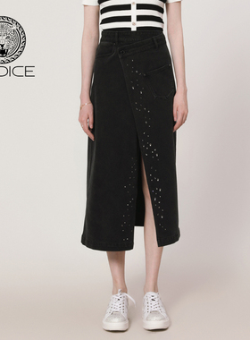 kodice春夏新款女装黑色棉质牛仔裙半身裙半裙子钉珠交叠开叉时尚