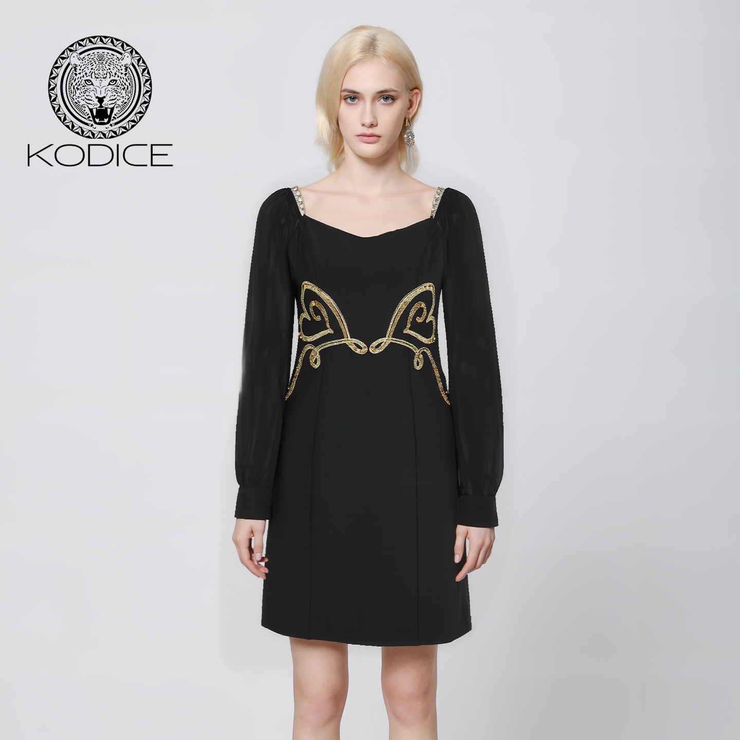 kodice黑色缝钻刺绣长袖连衣裙