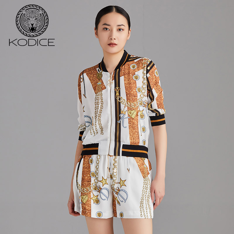 KODICE拉链中袖短外套女装春季新款白色v领印花撞色上衣开衫时尚