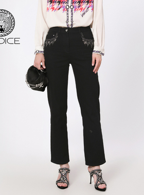 kodice春秋新款黑色棉质高腰直筒牛仔裤子渐变流苏时尚百搭女装