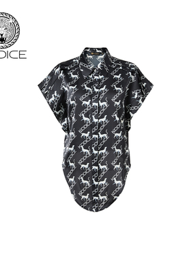 kodice春夏新款黑色印花衬衫翻领蝙蝠袖绑带衬衣上衣时尚百搭女装