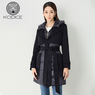 女黑色绵羊毛连帽拉链羽绒服大衣外套鸭绒腰带时尚 kodice秋冬新款