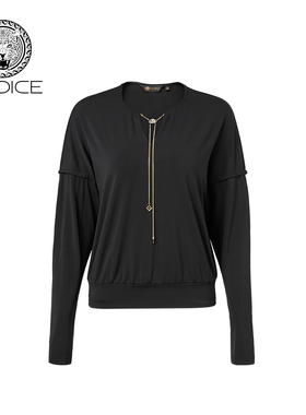 kodice春秋新款黑色V领T恤毛衫拼接长袖宽松上衣时尚女流行链条