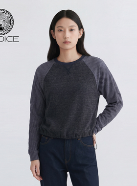 kodice2026春新款灰色条纹拼接棉质上衣圆领长袖T恤宽松短款百搭