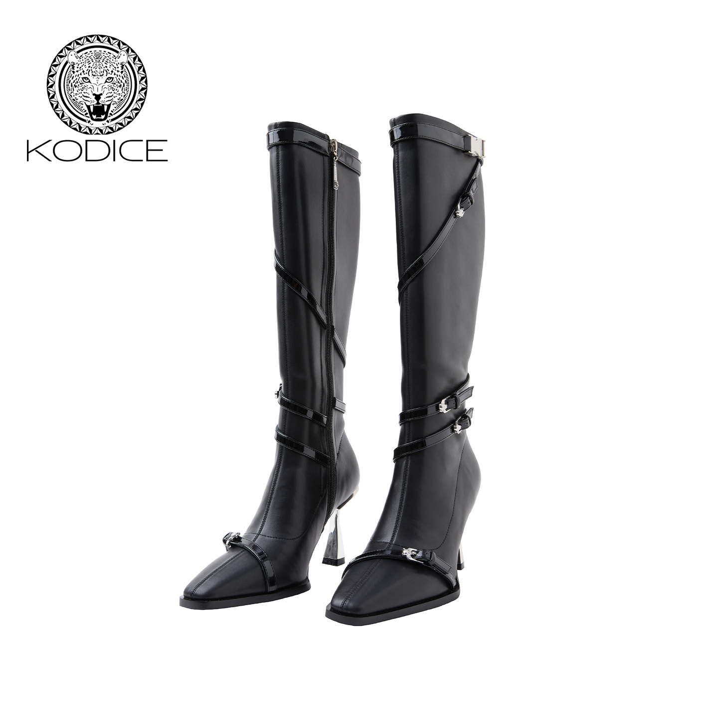 Kodice黑色豹头扣高跟长筒靴