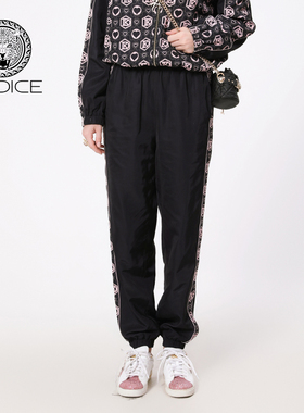 kodice春秋新款女装黑色松紧腰束脚休闲裤子长裤字母印花时尚百搭