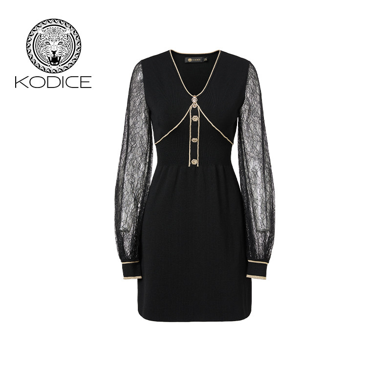 KODICE春夏新款黑色V领针织连衣裙子拼接蕾丝长袖收腰时尚女装