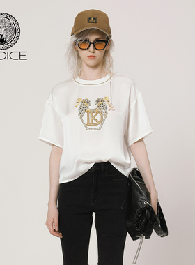 KODICE春秋新款白色醋纤混纺印花T恤圆领落肩短袖上衣时尚女装