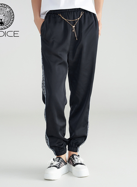 kodice新款黑色松紧束脚撞色印花好搭设计感休闲裤子长裤女裤时尚