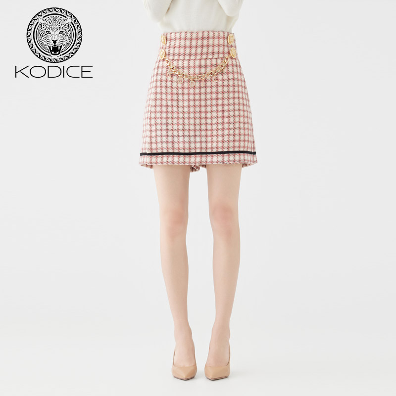 KODICE粉色格纹短裙女装夏季新款链条装饰包臀甜美气质裙裤短裤