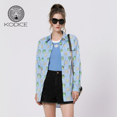 kodice蓝色印花收腰长袖衬衫