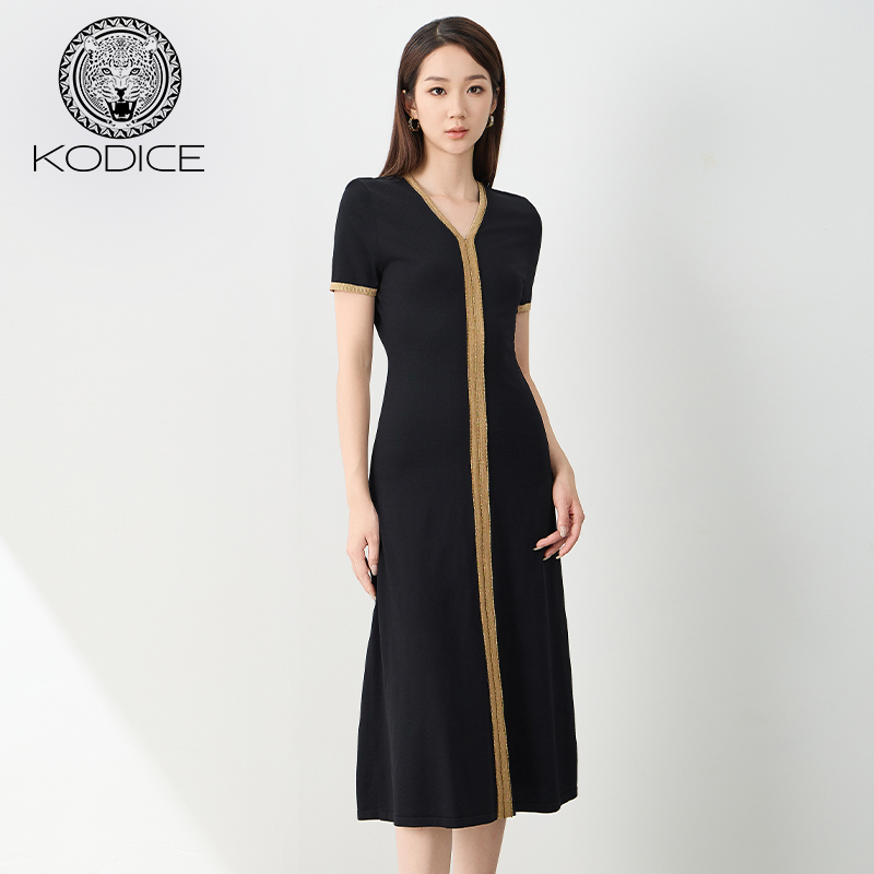 kodice秋季新款女黑色V领连衣裙