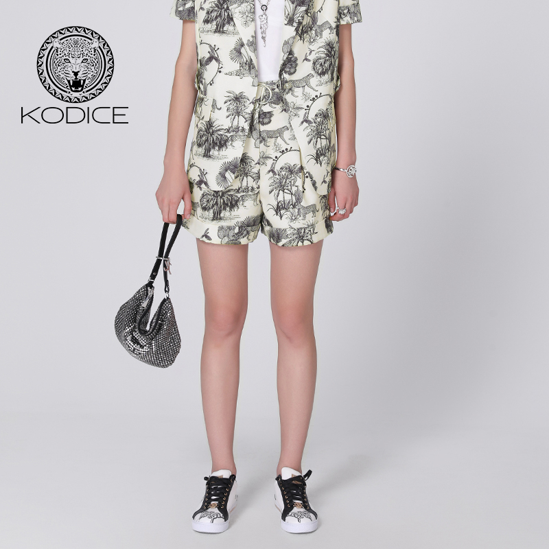kodice米白印花高腰显瘦短裤