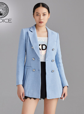 KODICE修身西装女装春季新款蓝色三粒扣长袖翻领外套西服职场通勤