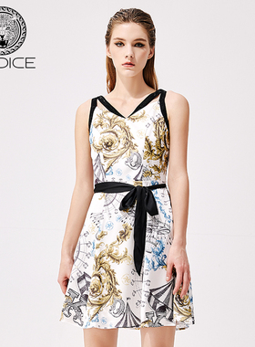 KODICE春夏新款白色印花吊带钉钻收腰连衣裙子无袖女装时尚流行