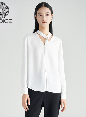 kodice女士衬衫春秋白色系带领长袖职场好搭弧形摆设计感上衣衬衣