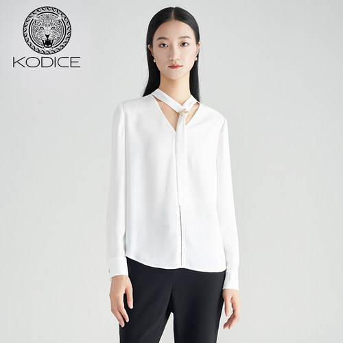 KD女白色长袖系带领上衣