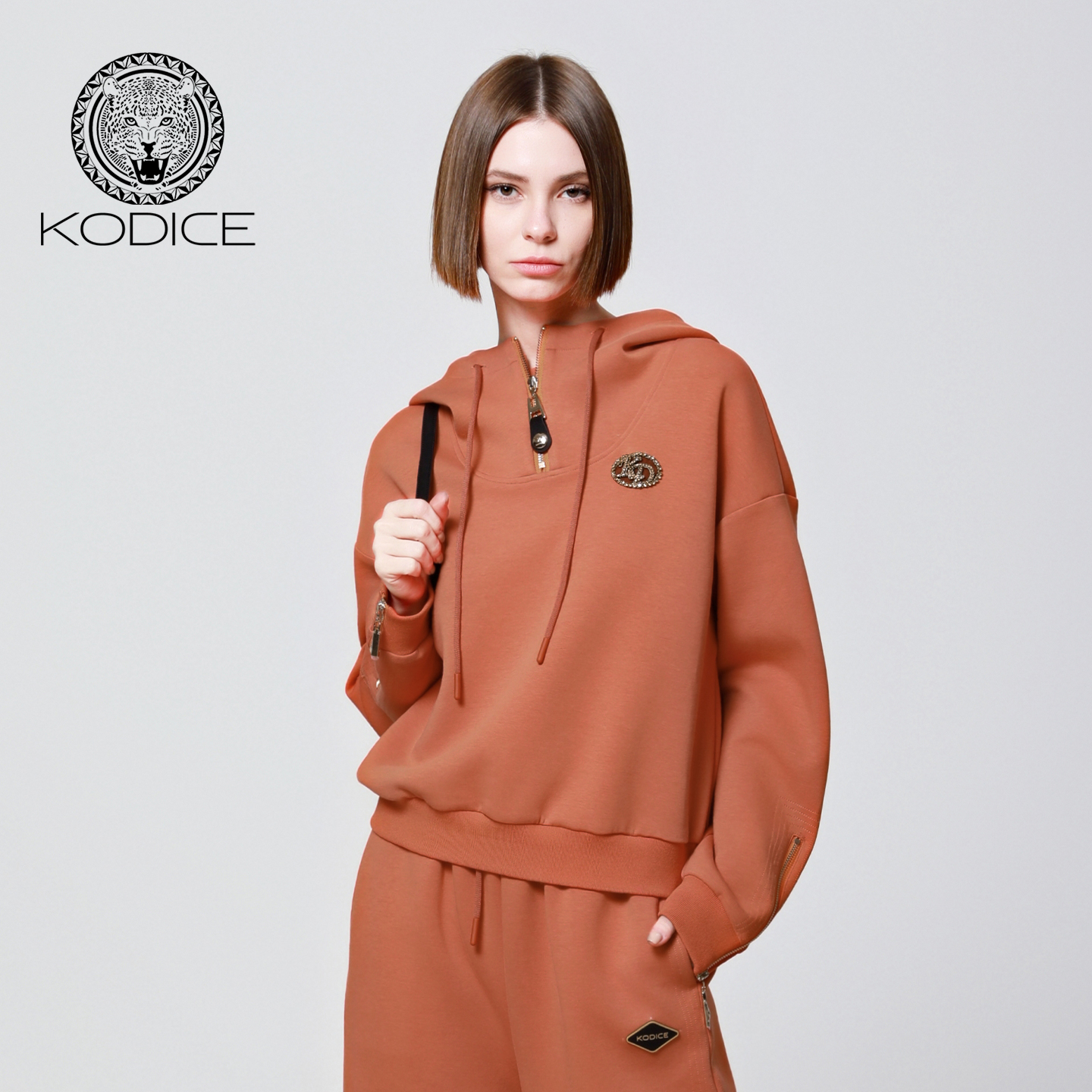 kodice橘色连帽拉链宽松棉卫衣