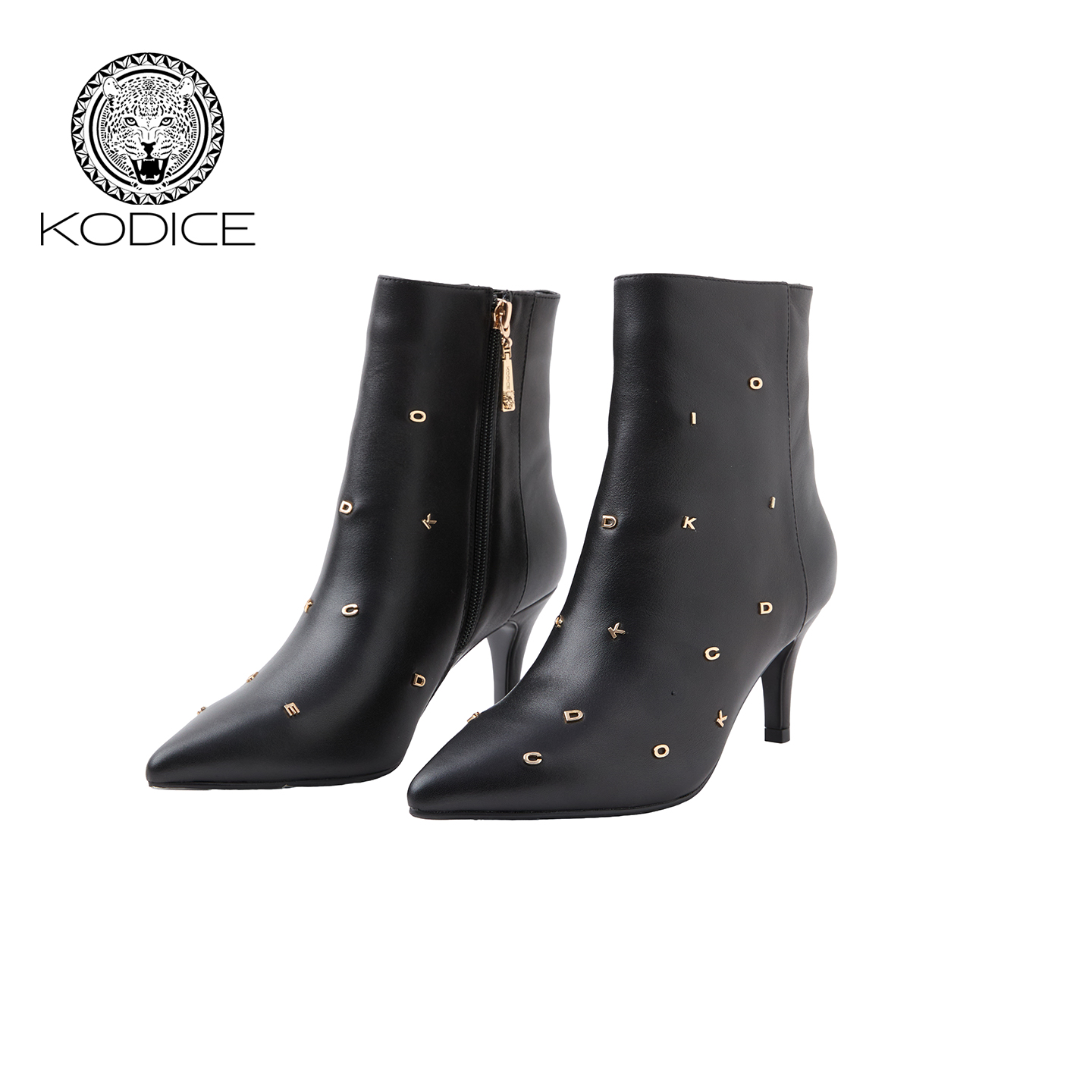 Kodice黑色尖头牛皮高跟短靴
