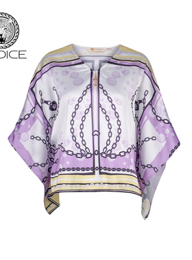 kodice夏季新款女装紫色印花上衣V领吊坠蝙蝠袖宽松时尚流行女装