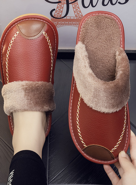 新款皮面棉拖鞋居家用男女室内防滑水PU皮保暖平底高颜值毛绒拖鞋